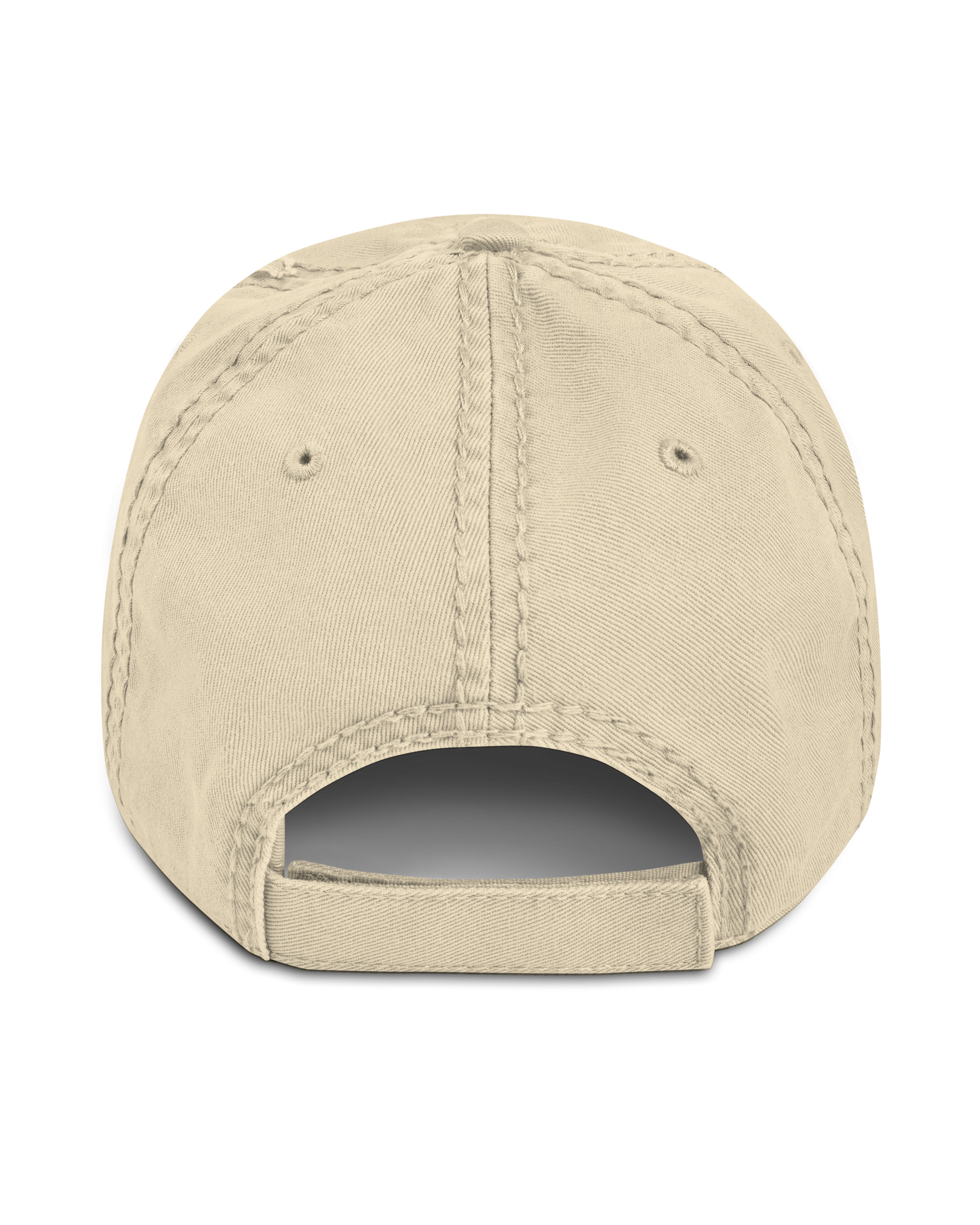 Fashionable distressed dad hat in 100% cotton twill, showcasing comfort and style for everyday wear.