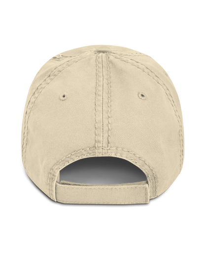 Fashionable distressed dad hat in 100% cotton twill, showcasing comfort and style for everyday wear.