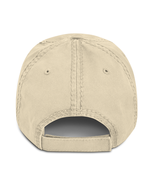 Fashionable distressed dad hat in 100% cotton twill, showcasing comfort and style for everyday wear.